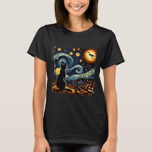 Halloween Zwarte Kat Van Gogh Sterrennacht Kattenl T-shirt