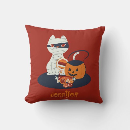 Halloween Zwarte Kat Vermomd als Mummie Kussen (Voorkant)