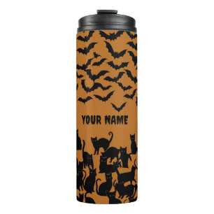 Halloween Zwarte Kat Vleermuis Oranje Griezeldesig Thermosbeker