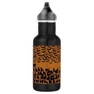Halloween Zwarte Kat Vleermuis Oranje Griezeldesig Waterfles