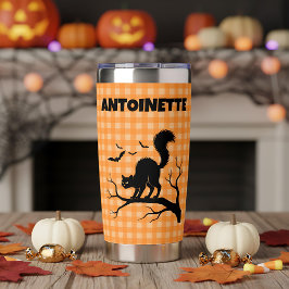 Halloween Zwarte Kat & Vleermuizen Oranje Plaid Na Geïsoleerde Drinkbeker