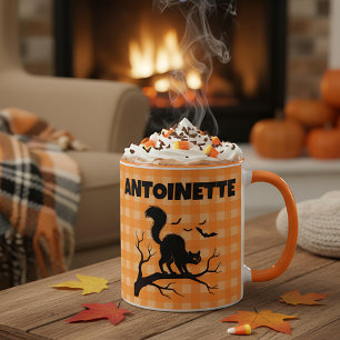 Halloween Zwarte Kat & Vleermuizen Oranje Plaid Na Mok