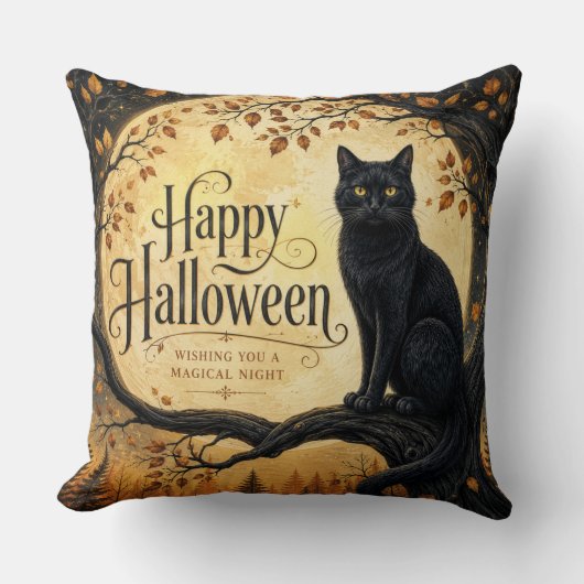 Halloween Zwarte Kat Volle Maan Boom Kussen (Voorkant)