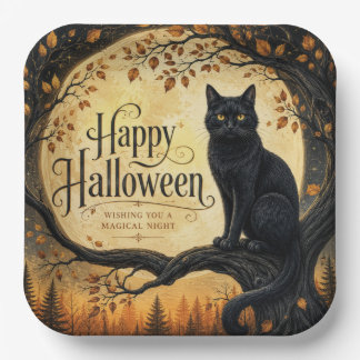Halloween Zwarte Kat Volle Maan Boom Papieren Bordje