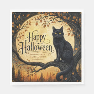 Halloween Zwarte Kat Volle Maan Boom Servet