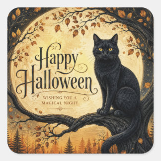 Halloween Zwarte Kat Volle Maan Boom Vierkante Sticker