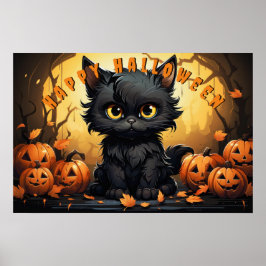 Halloween zwarte kat zitten met Jack-O'-lantaarns Poster