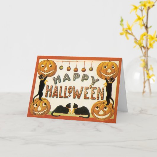  Halloween, zwarte katten met jasjalopionnen Kaart (Gele Bloem)