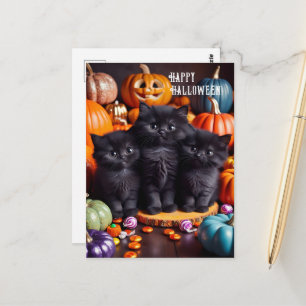 Halloween zwarte katten met pompoenen en Snoep Briefkaart