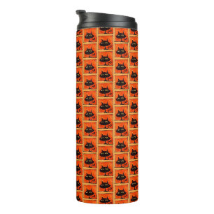 Halloween Zwarte Katten Oranje Vierkanten Cartoon Thermosbeker