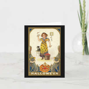 Halloween Zwarte Katten Pompoen Heks Vintage Kaart