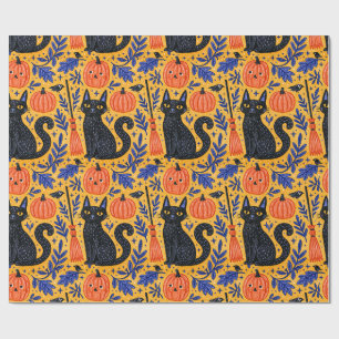 Halloween Zwarte Katten Pompoen Patroon Cadeaupapier
