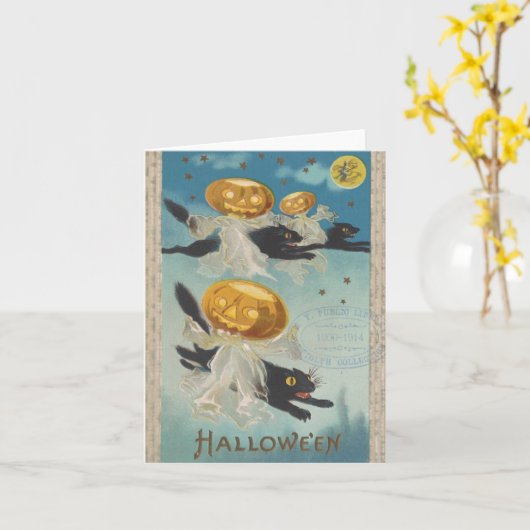 Halloween Zwarte katten & pompoen spoken vintage Kaart (Gele Bloem)