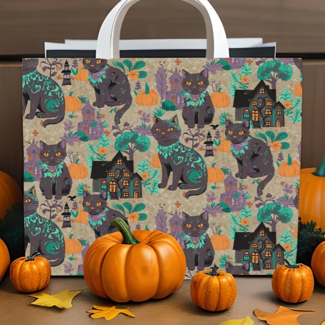 Halloween zwarte katten pompoenen spookhuis rustie behang (Whimsical black cat self peel-n-stick wallpaper for Halloween crafts and DIY decor)