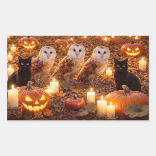 Halloween Zwarte Katten Uilen Pompoenen Kaarsen Rechthoekige Sticker