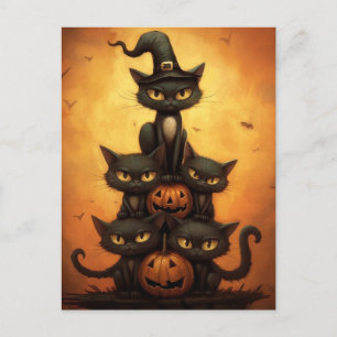 Halloween zwarte katten zitten op pompoenen. briefkaart