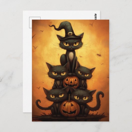 Halloween zwarte katten zitten op pompoenen. briefkaart (Voorkant / Achterkant)