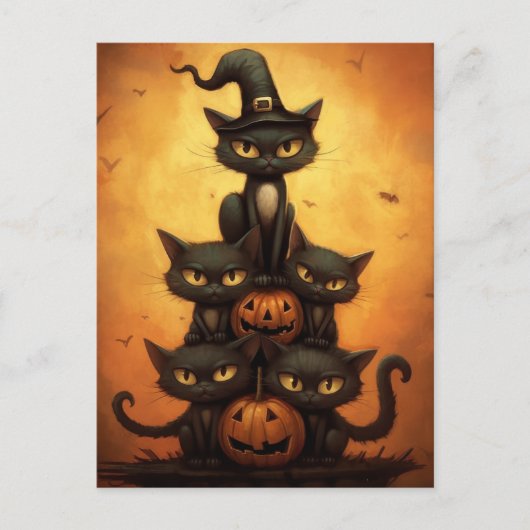 Halloween zwarte katten zitten op pompoenen. briefkaart (Voorkant)