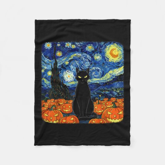 Halloween Zwarte Kattenkostuum Van Gogh Sterrennac Fleece Deken (Voorkant)