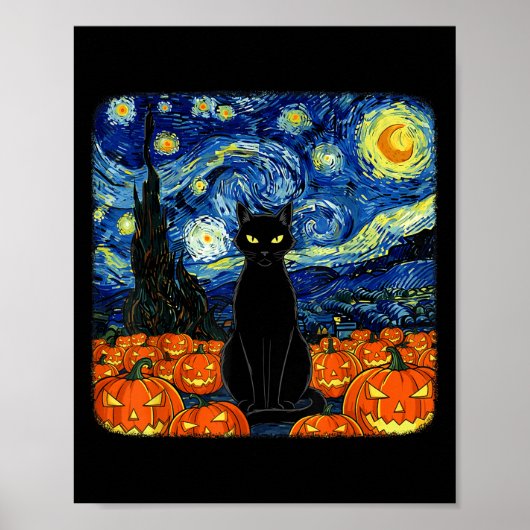 Halloween Zwarte Kattenkostuum Van Gogh Sterrennac Poster (Voorkant)