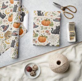 Halloween Zwarte Kitten Cottage Cadeaupapier
