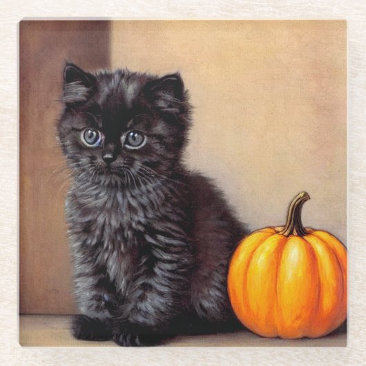  Halloween Zwarte Kitten Illustratie Glazen Onderzetter (Voorkant)