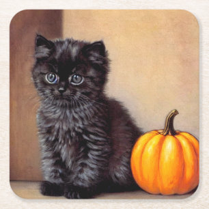 Halloween Zwarte Kitten Illustratie Kartonnen Onderzetters
