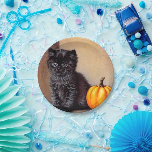  Halloween Zwarte Kitten Illustratie Papieren Bordje (Feest)
