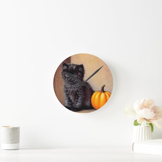 Halloween Zwarte Kitten Illustratie Ronde Klok (Huis)
