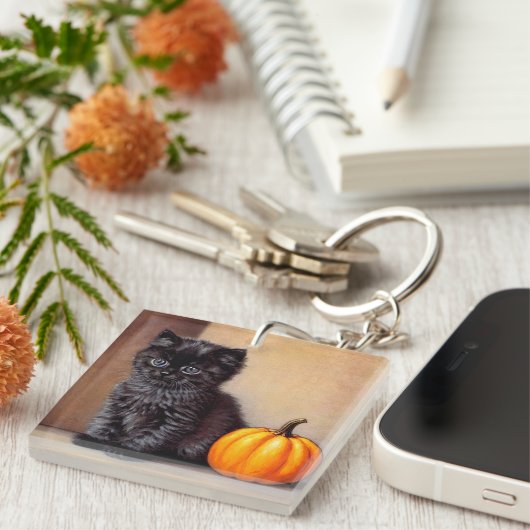  Halloween Zwarte Kitten Illustratie Sleutelhanger (Voorkant Rechts)