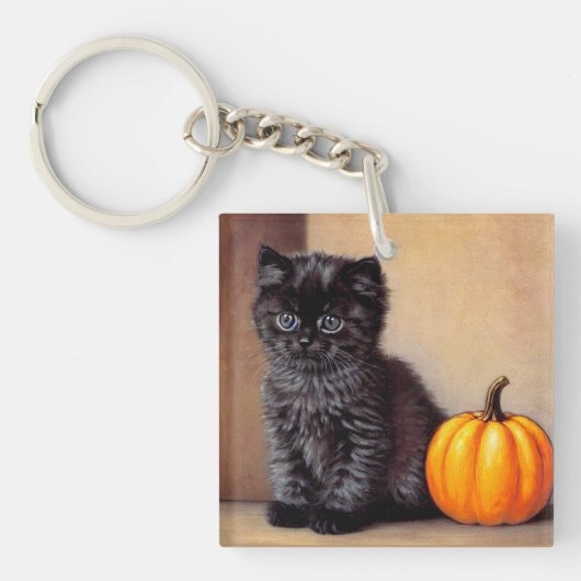 Halloween Zwarte Kitten Illustratie Sleutelhanger (voorkant)