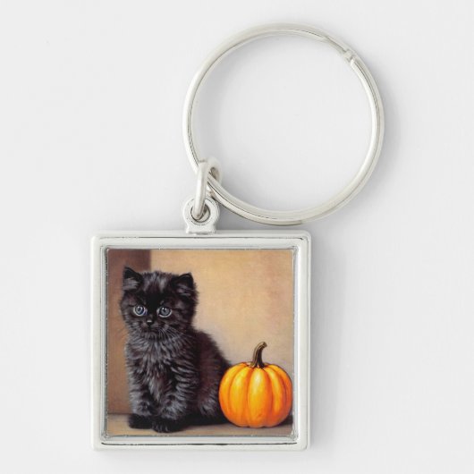 Halloween Zwarte Kitten Illustratie Sleutelhanger (Voorkant)