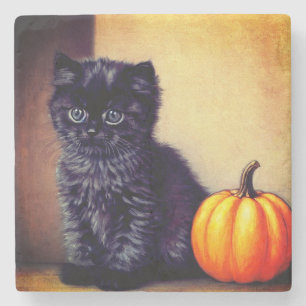 Halloween Zwarte Kitten Illustratie Stenen Onderzetter