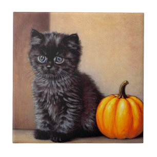 Halloween Zwarte Kitten Illustratie Tegeltje