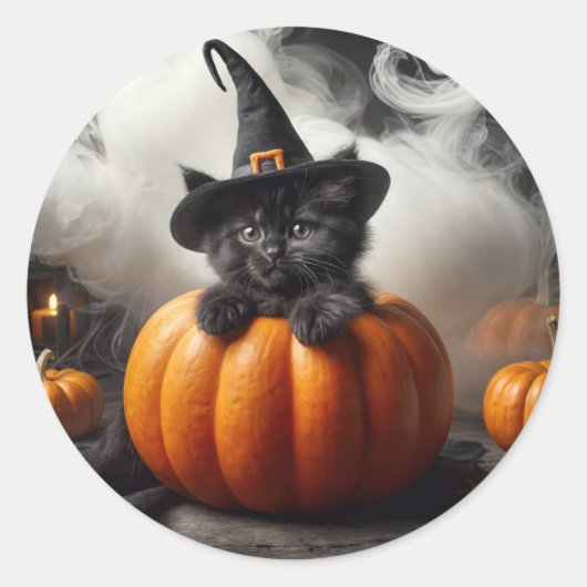 Halloween zwarte kitten in pompoen ronde sticker (Voorkant)