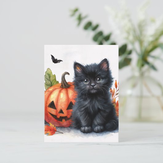 Halloween zwarte kitten met Jack-o-lantern Briefkaart (Staand voorkant)