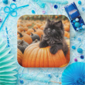 Halloween zwarte kitten op een pompoen papieren bordje (Feest)