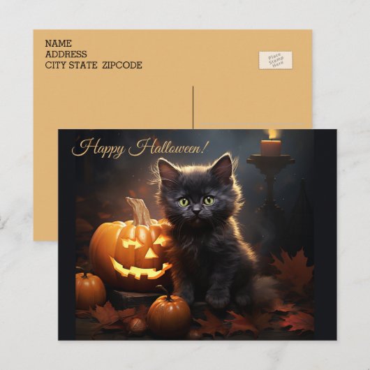 Halloween Zwarte Kitty Kat, Jack o Lantern Pompoen Briefkaart (Voorkant / Achterkant)