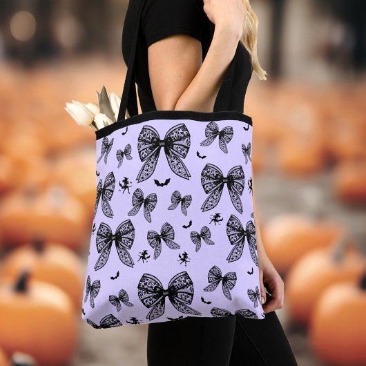 Halloween zwarte strik coquette Paarse heks Tote Bag