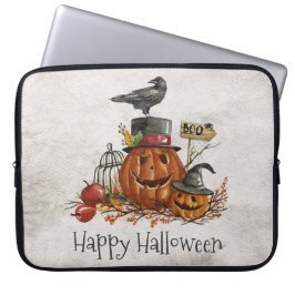 Halloween zwarte vogel en pompoenen laptophoes laptop sleeve