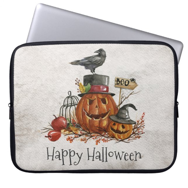 Halloween zwarte vogel en pompoenen laptophoes laptop sleeve (Voorkant)