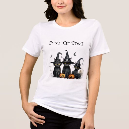 Halloween Zwarte Witchy Kittens Kattenheks Tri-Blend Shirt (Voorkant)