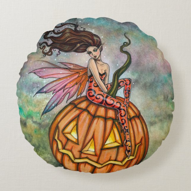 Halloweenfee en Jack-o-Lantern-kunst Rond Kussen (Voorkant)