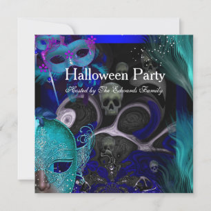 Halloweenfeest Blauwe Teal Maskers Maskerade Feest Kaart