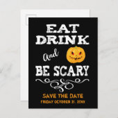 Halloweenfeest Eet, Drink & Wees eng Pompoen Gezic Aankondigingskaart (Voorkant / Achterkant)