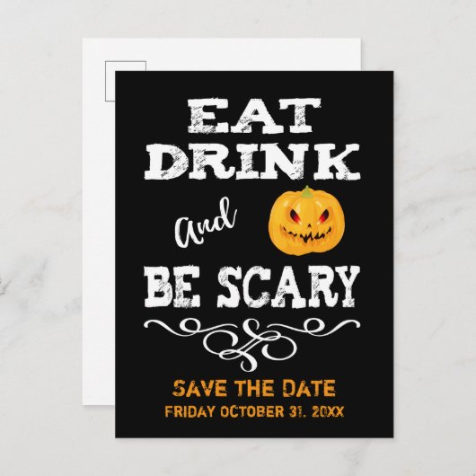 Halloweenfeest Eet, Drink & Wees eng pompoengezich Aankondigingskaart (Voorkant / Achterkant)