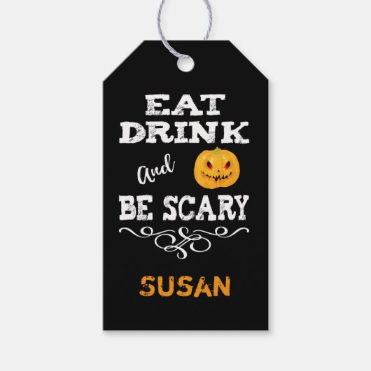 Halloweenfeest Eet, Drink & Wees eng Pumpkin Face Cadeaulabel (Voorkant)