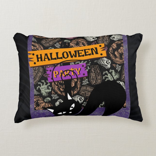 Halloweenfeest en Zwarte Kat Accent Kussen (Voorkant)