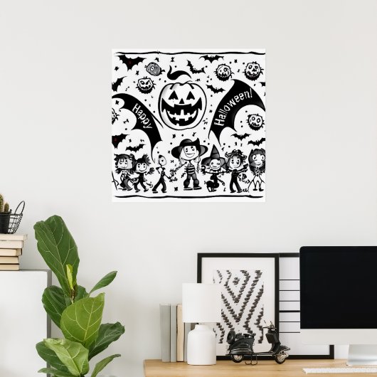 Halloweenfeest in zwart en wit poster (Thuiskantoor)