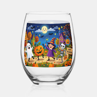 Halloweenfeest - Leuke Illustratie Kinderen Wijnglas Zonder Voet
